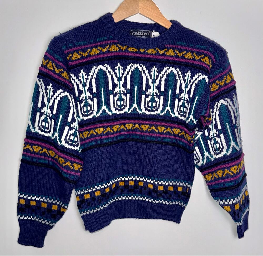 Vintage 80s Cattivo Womens S Abstract Paisley Knit Sweater Made USA